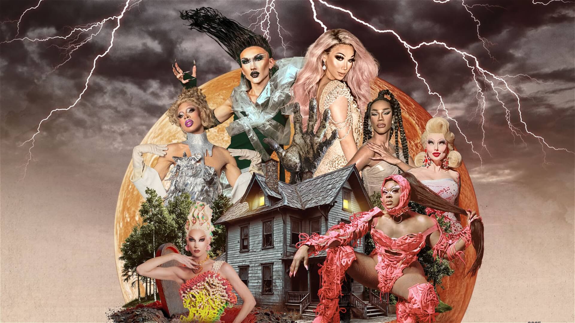 Six drag queens in glamorous, dramatic outfits pose in front of a haunted house with a full moon and lightning-filled sky in the background, creating a spooky and fierce atmosphere.