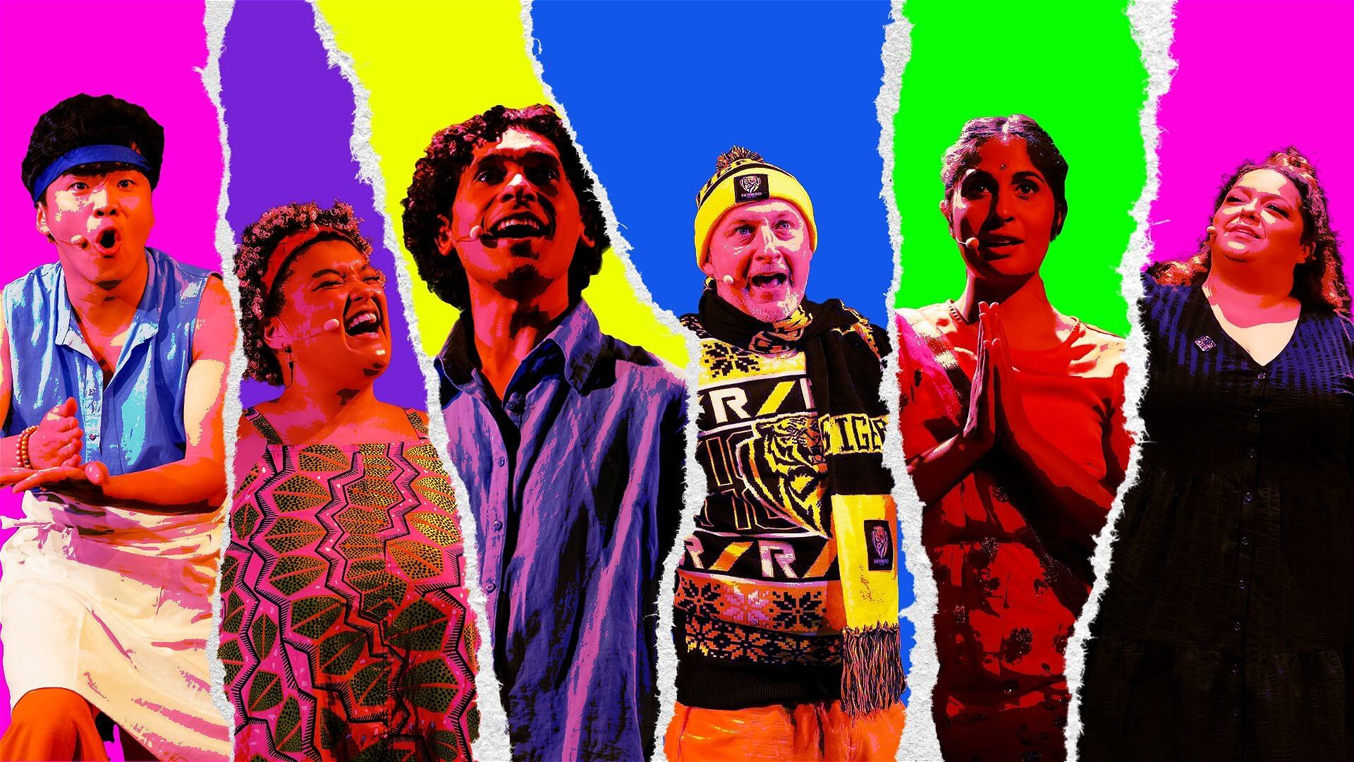 Six people in colorful clothing perform expressively, set against a vibrant background with bold, torn strips of yellow, blue, green, and pink, highlighting each individual’s unique pose and emotion.