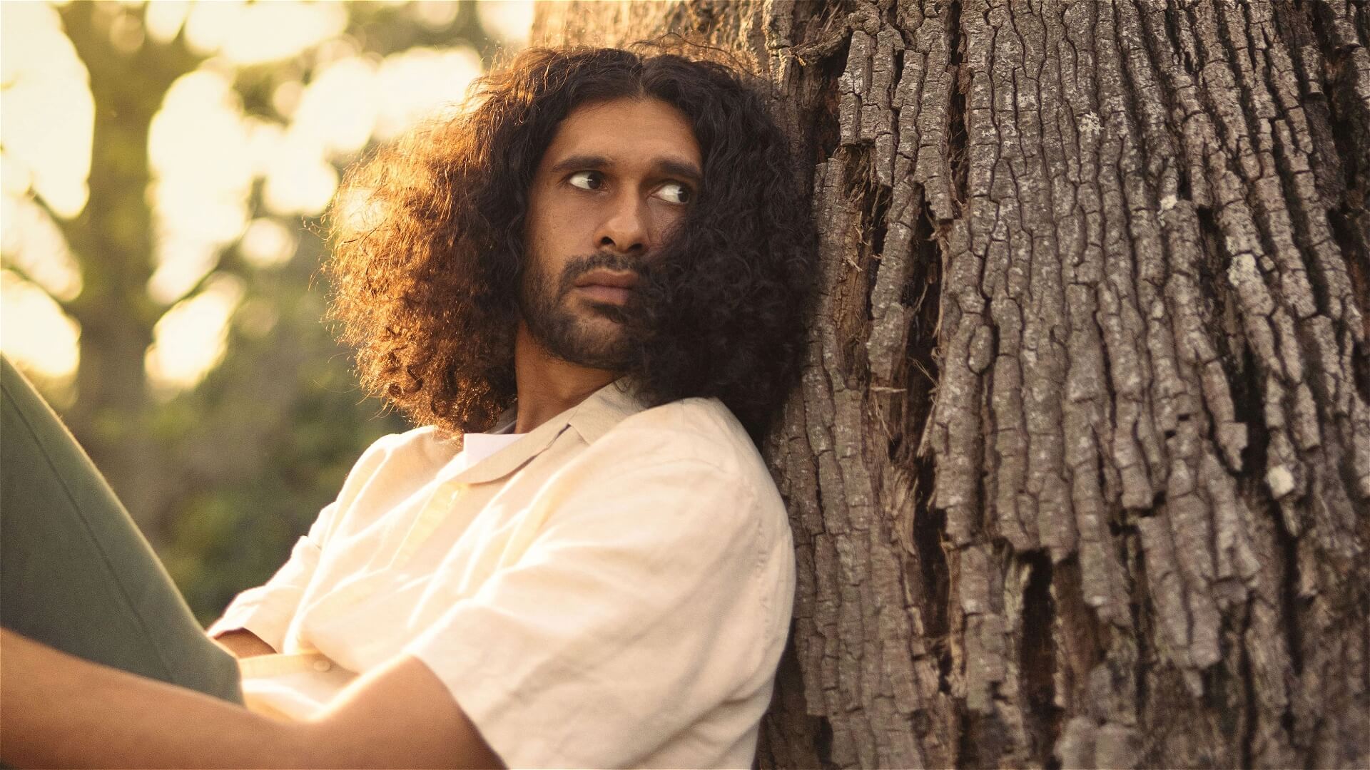 A person with curly hair and a light shirt sits against a large tree trunk, looking to the side with a thoughtful expression. The background is softly lit with warm, natural sunlight.