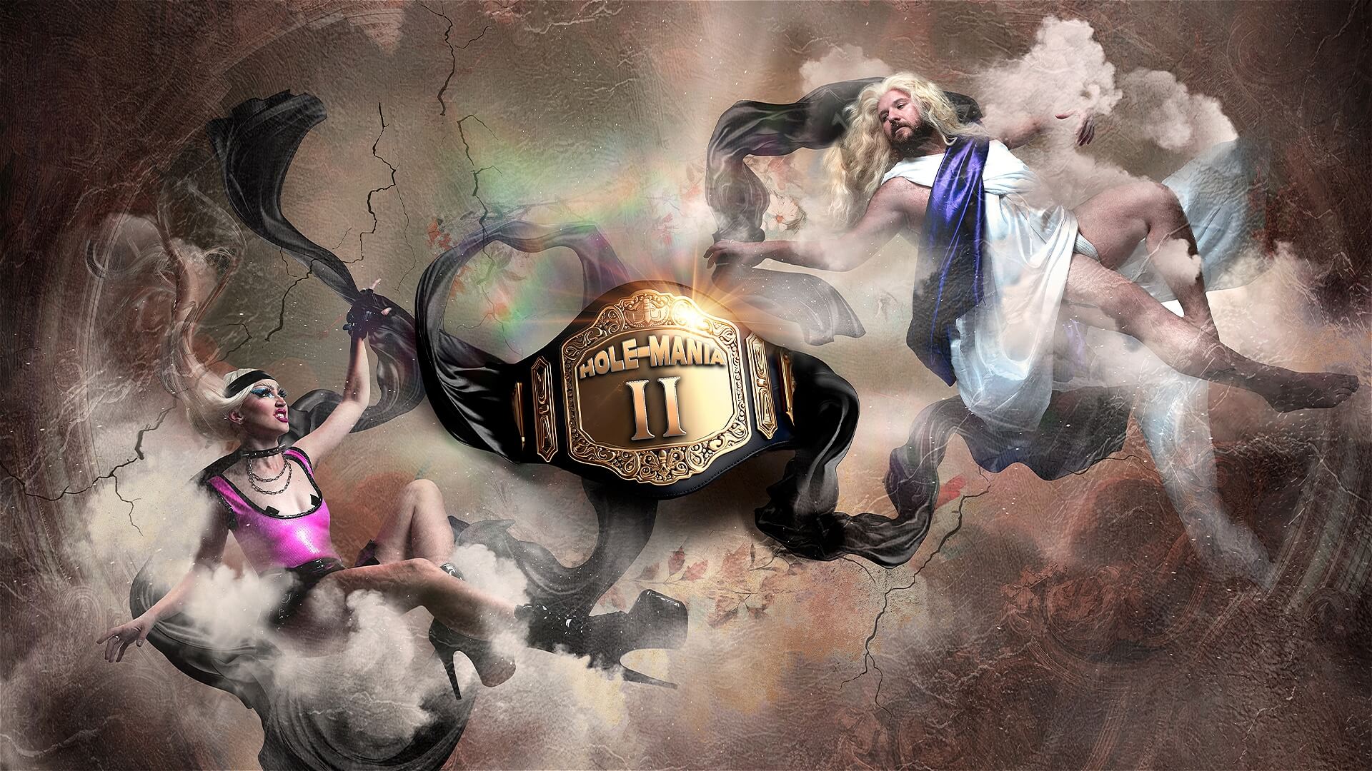 Two dramatic figures in ancient Greek-inspired attire float on clouds, reaching toward a large golden wrestling belt labeled Wolf-Mania II at the center, with a dark, textured background and swirling fabric.