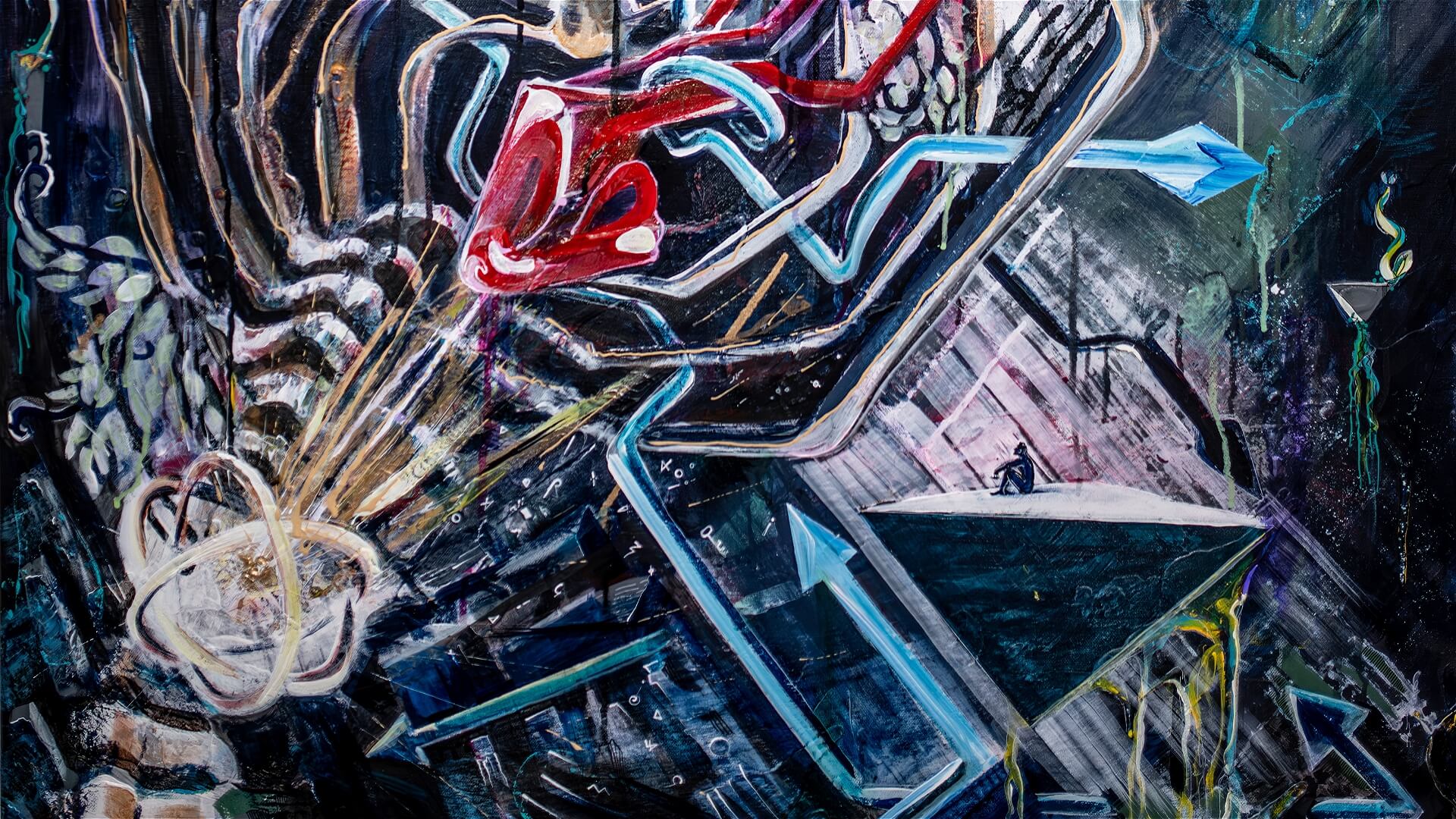 Abstract painting with swirling lines, arrows, and geometric shapes in bold colors. Central red shapes intertwine with blue and white arrows, while a figure stands on a platform amid chaotic, layered background patterns.