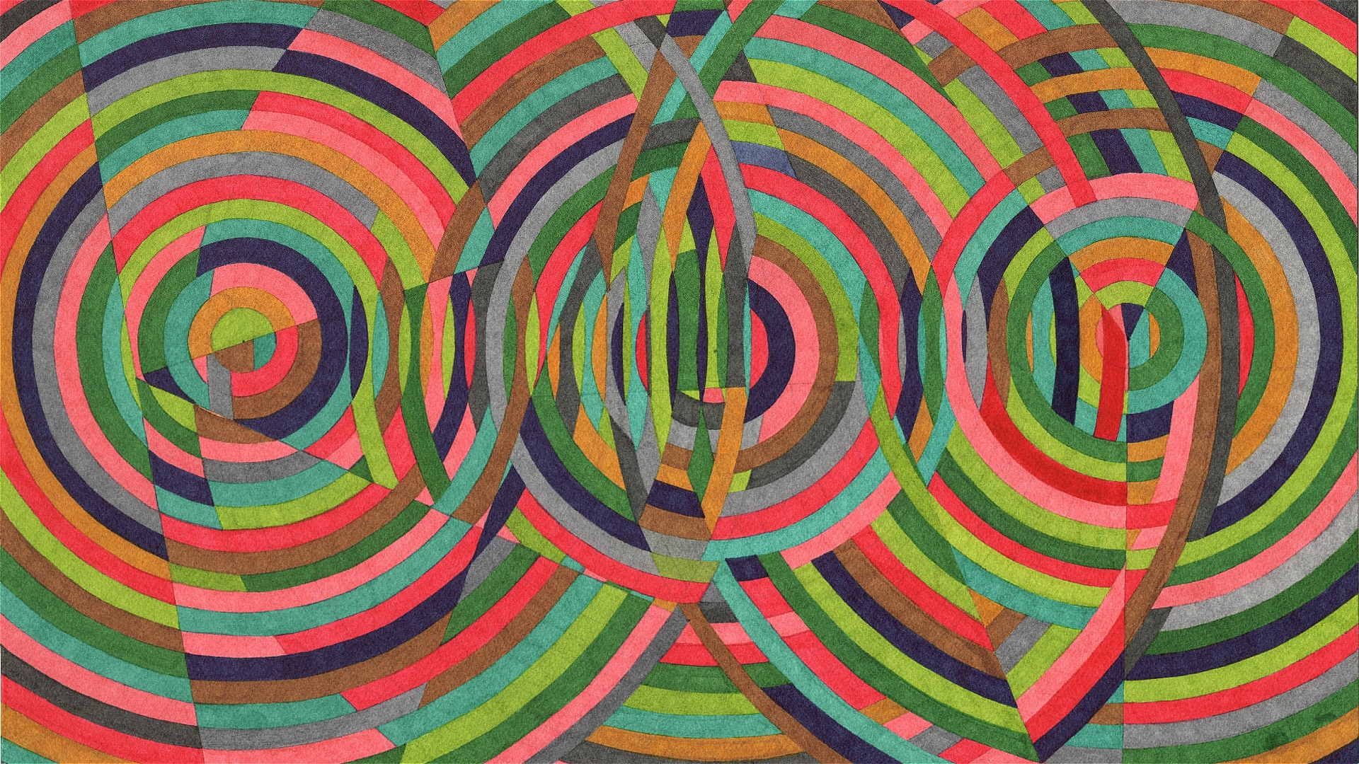 Colorful abstract artwork featuring overlapping and intersecting concentric circles in vibrant shades of red, green, blue, yellow, and pink, creating a dynamic, geometric pattern with a stained-glass effect.