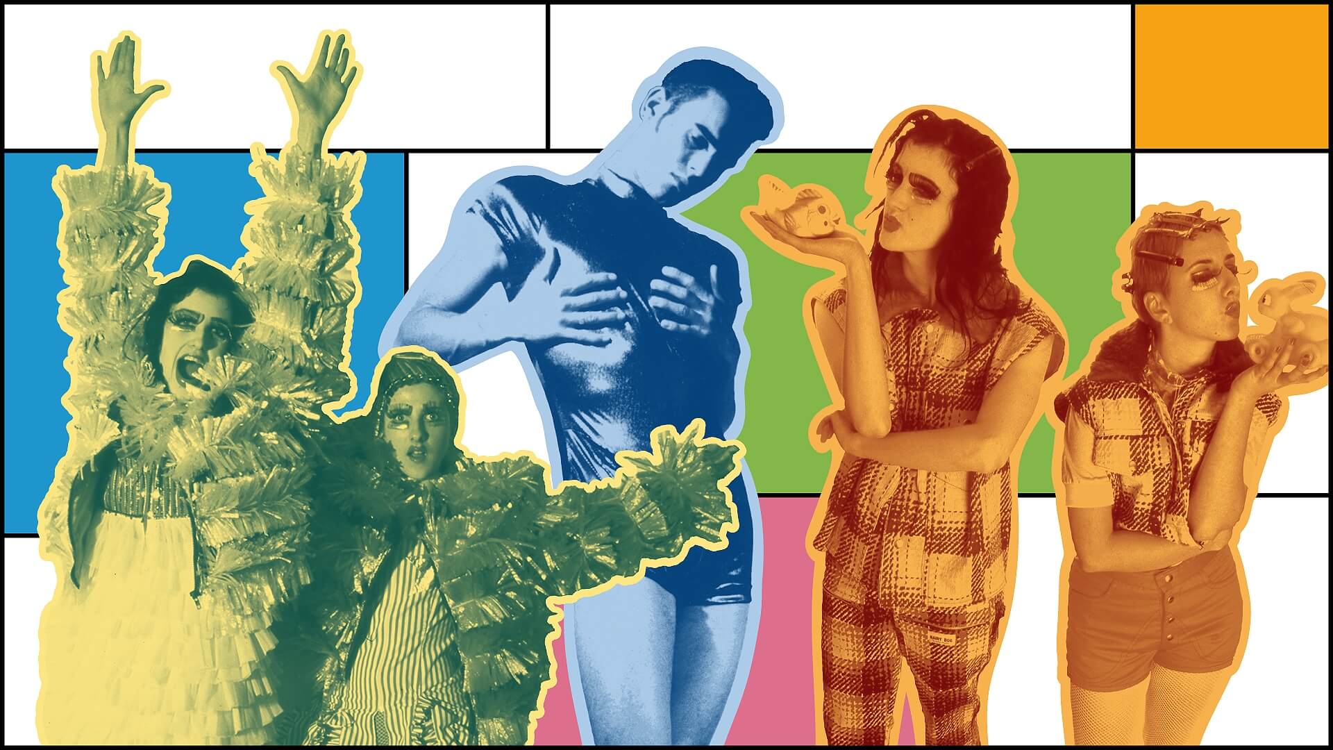 Four people in colorful costumes pose against a background of bright squares and rectangles; two in feathered outfits with arms raised, one in a shiny bodysuit, and two holding and interacting with yellow rubber ducks.