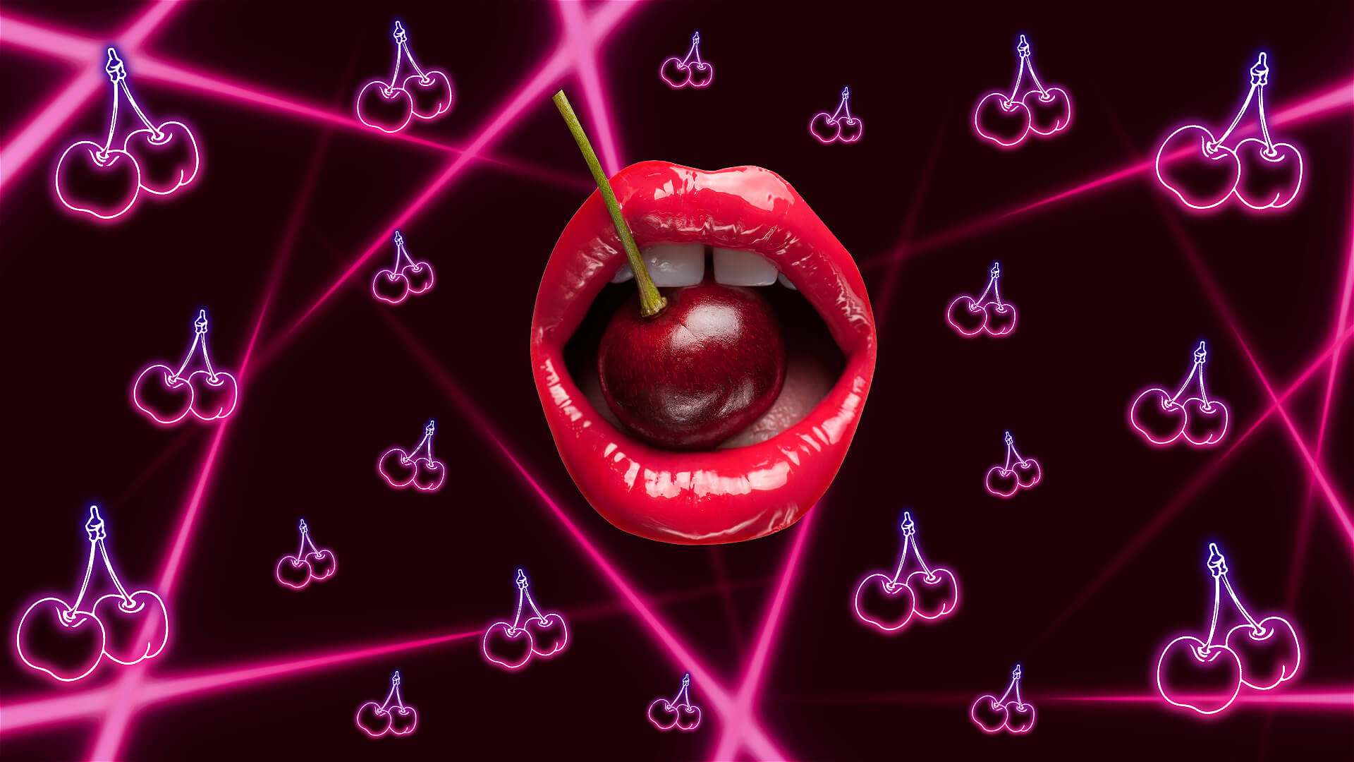 A stylized image of glossy red lips holding a cherry, surrounded by neon pink lines and glowing purple cherry icons on a dark background.