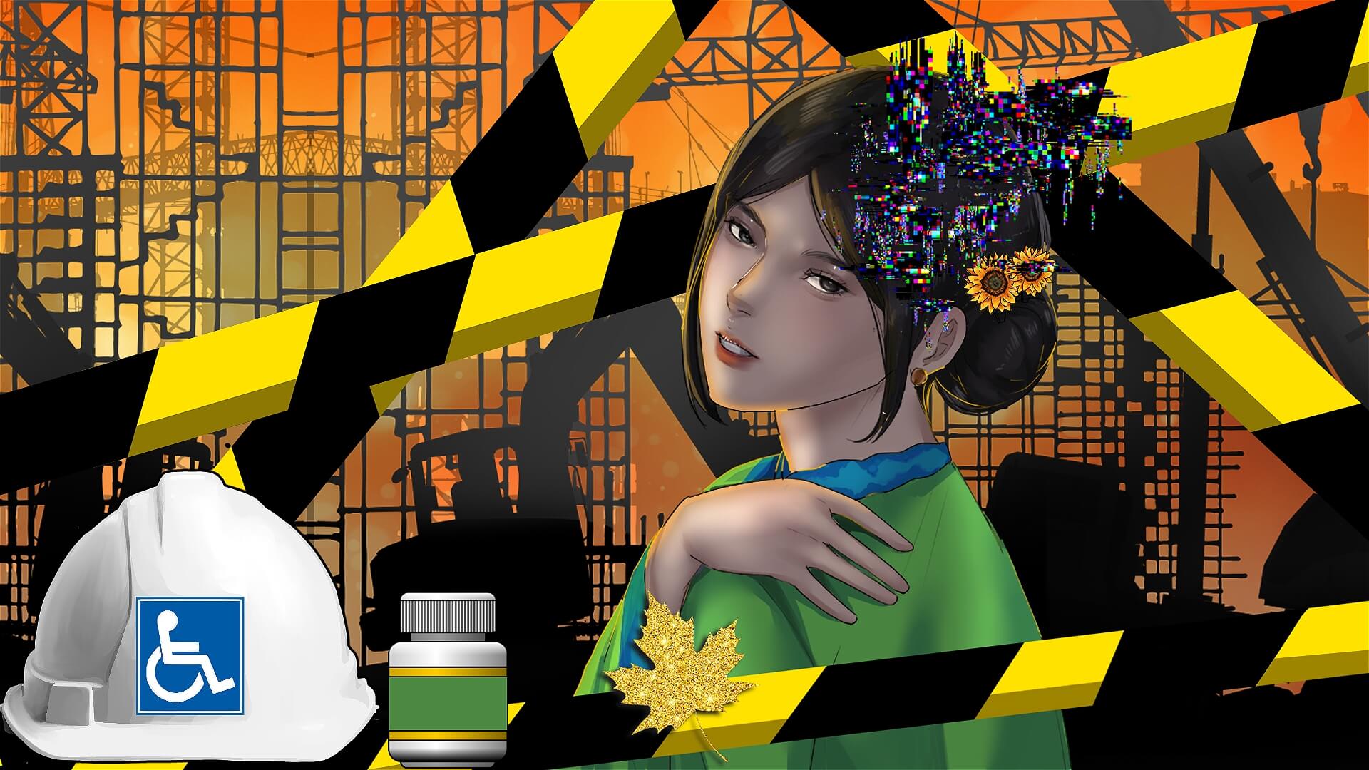A woman with digital glitches on her head stands before construction scaffolding and caution tape. Nearby are a hard hat with a wheelchair sticker, a pill bottle, and a gold maple leaf. The scene is lit by an orange sky.