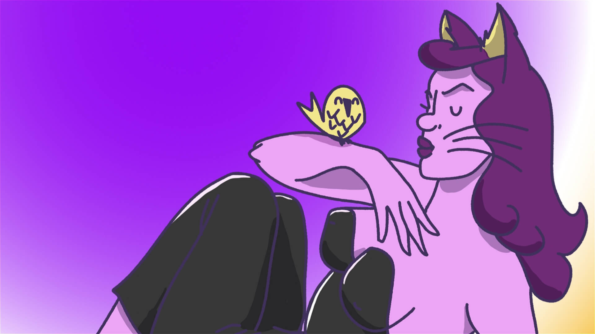 A cartoon woman with cat ears, whiskers, and purple hair leans back with one arm raised. She wears black gloves and has a yellow bird perched on her arm, set against a purple gradient background.