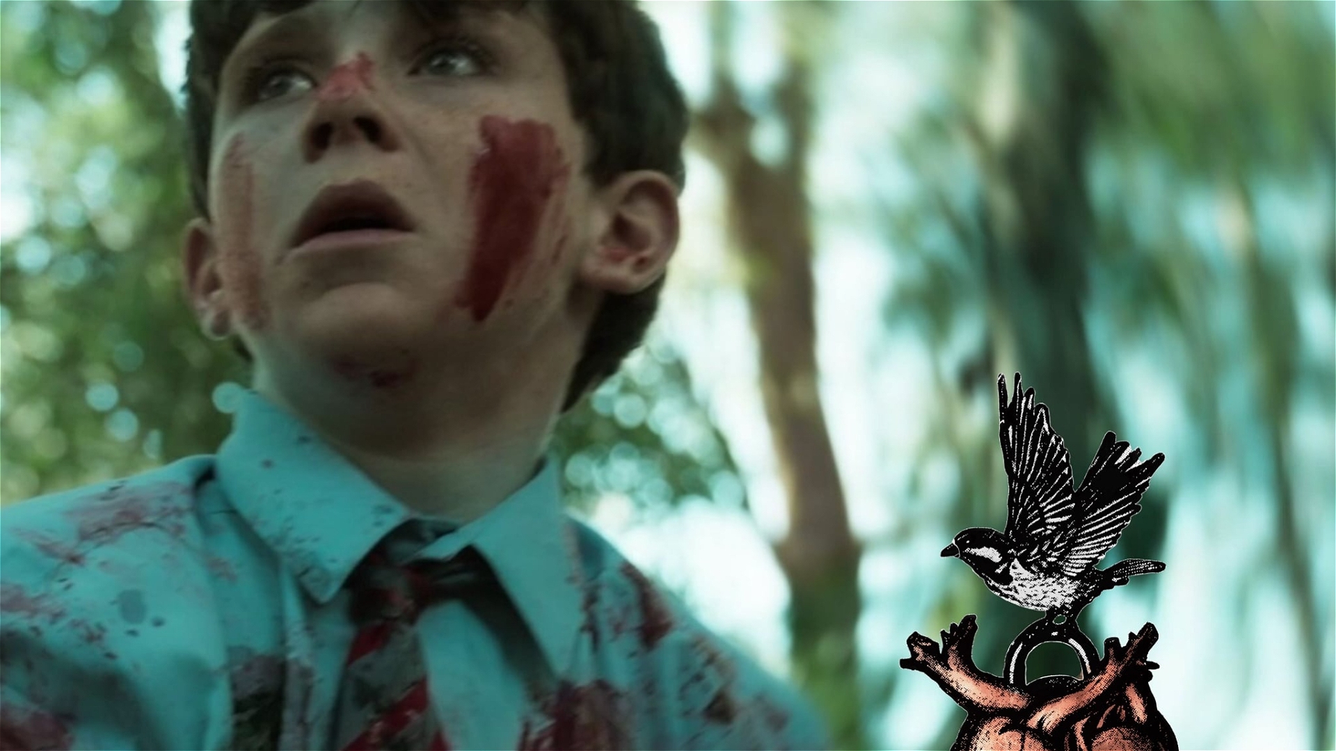 A frightened boy in a blood-stained shirt and tie looks upward; his face is smeared with blood. In the foreground is an illustration of a bird perched on a human heart ring. The background is blurred foliage.