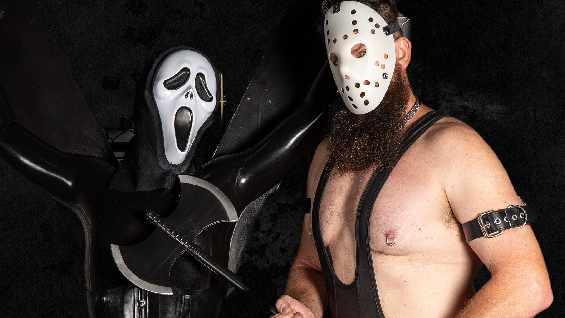 Two people in costumes: one wearing a Ghostface mask and black outfit, holding a large axe; the other wearing a Jason Voorhees hockey mask, with a bare chest, black harness, and armband.