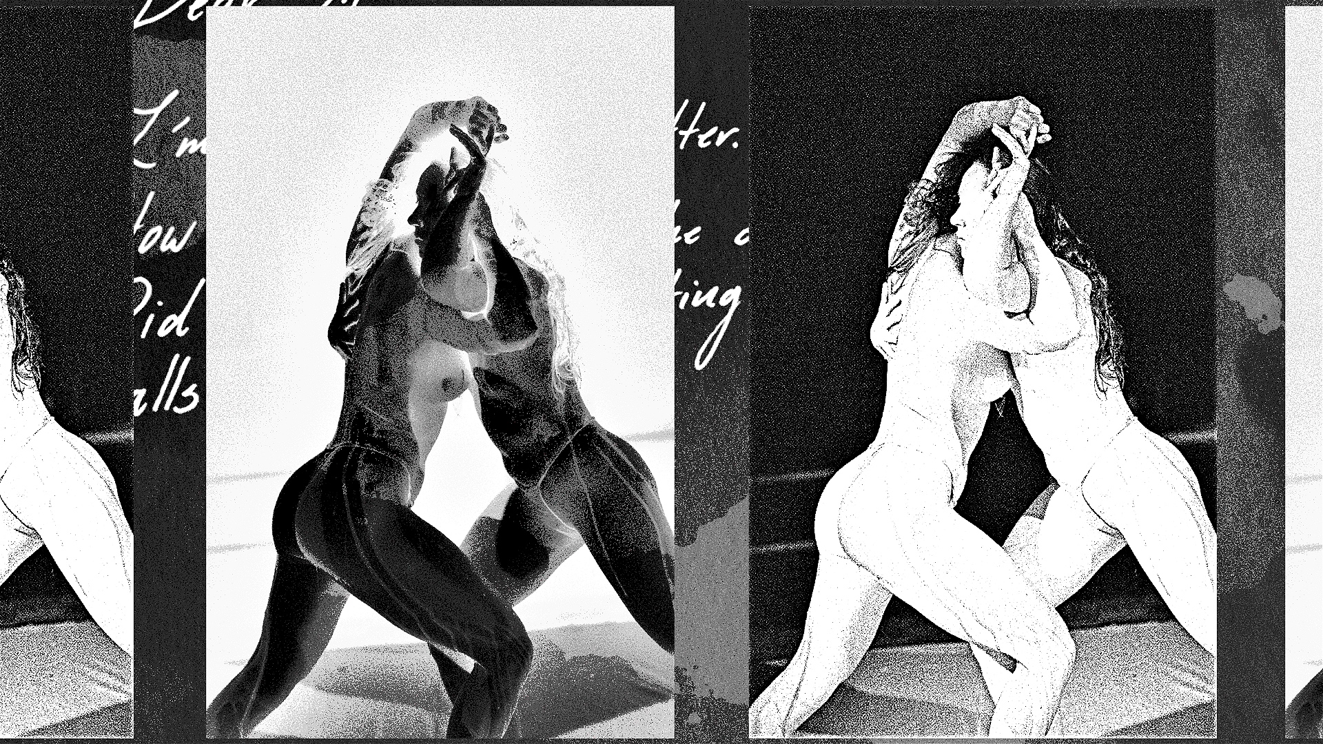 Two nude figures are engaged in a dance or wrestling pose, arms intertwined, with high-contrast black-and-white effects. Handwritten text appears faintly in the background. The image is stylized and abstract.