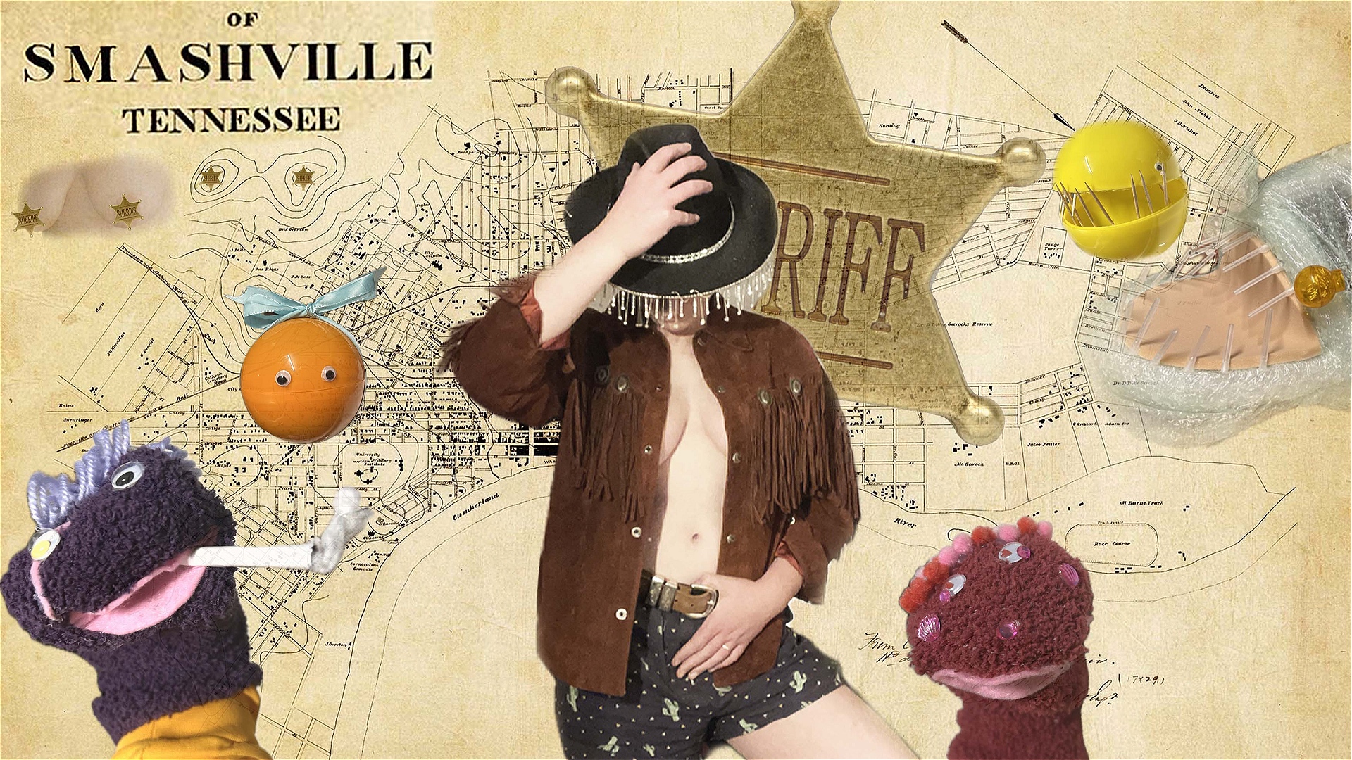 A person in a fringed jacket and shorts poses with a cowboy hat, surrounded by colorful sock puppets, a sheriff badge, stars, and a map labeled Smashville, Tennessee in the background.