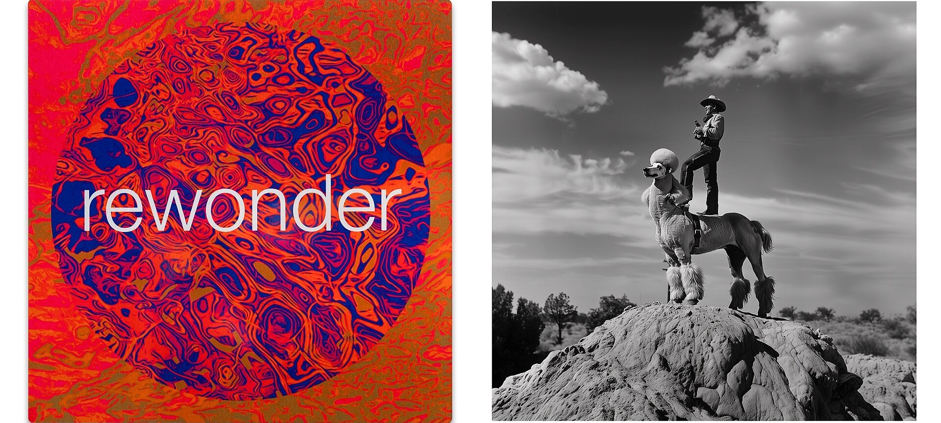 Two images side by side: left, a red and purple abstract circle with rewonder text; right, a black-and-white photo of a person in a cowboy hat standing on a horse atop a rocky hill under a cloudy sky.