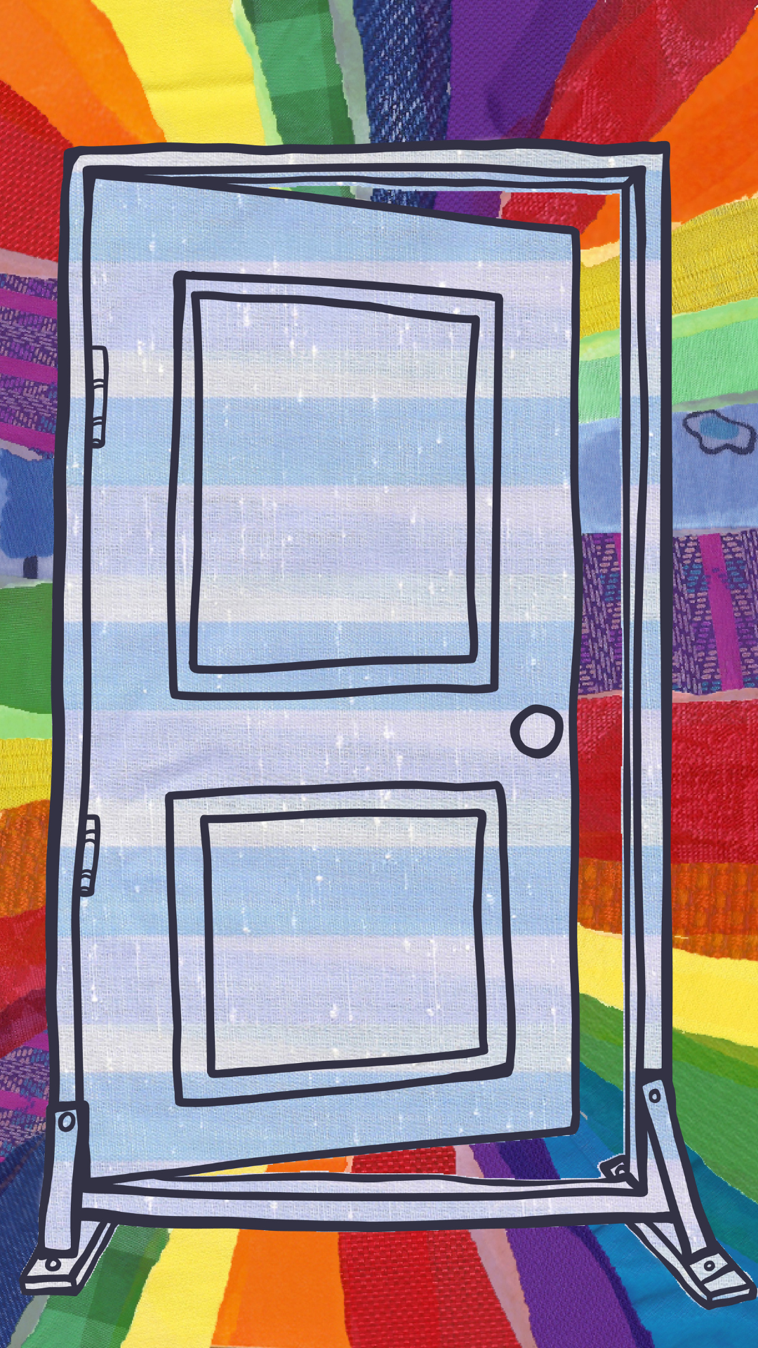 A blue striped door outlined in black stands slightly open, surrounded by vibrant, radiating beams of rainbow colors and textured patterns.