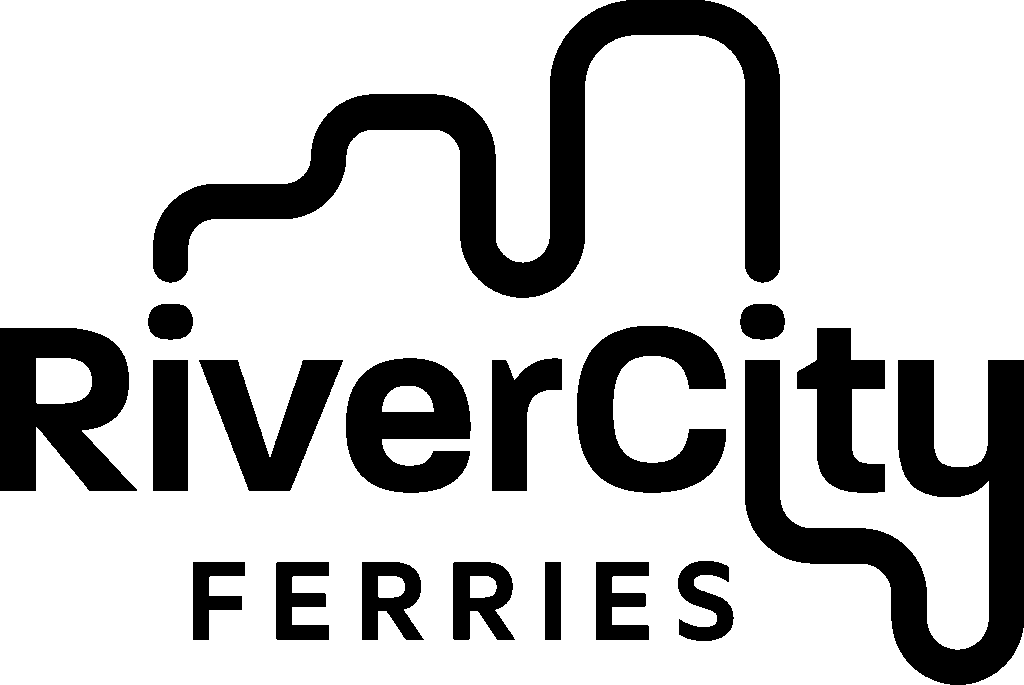 Logo for RiverCity Ferries. The text RiverCity is bold and black, with wavy river-like lines above and below it. The word FERRIES is in smaller, spaced-out capital letters underneath.