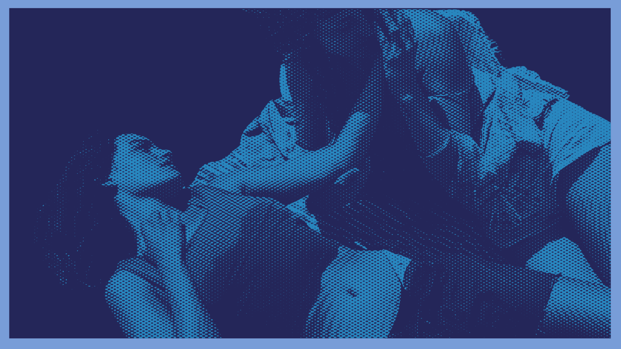 A stylized, blue-toned halftone image shows two people close together. One person appears to be lying down, looking up at the other, who is leaning over and gently touching their face and shoulder.