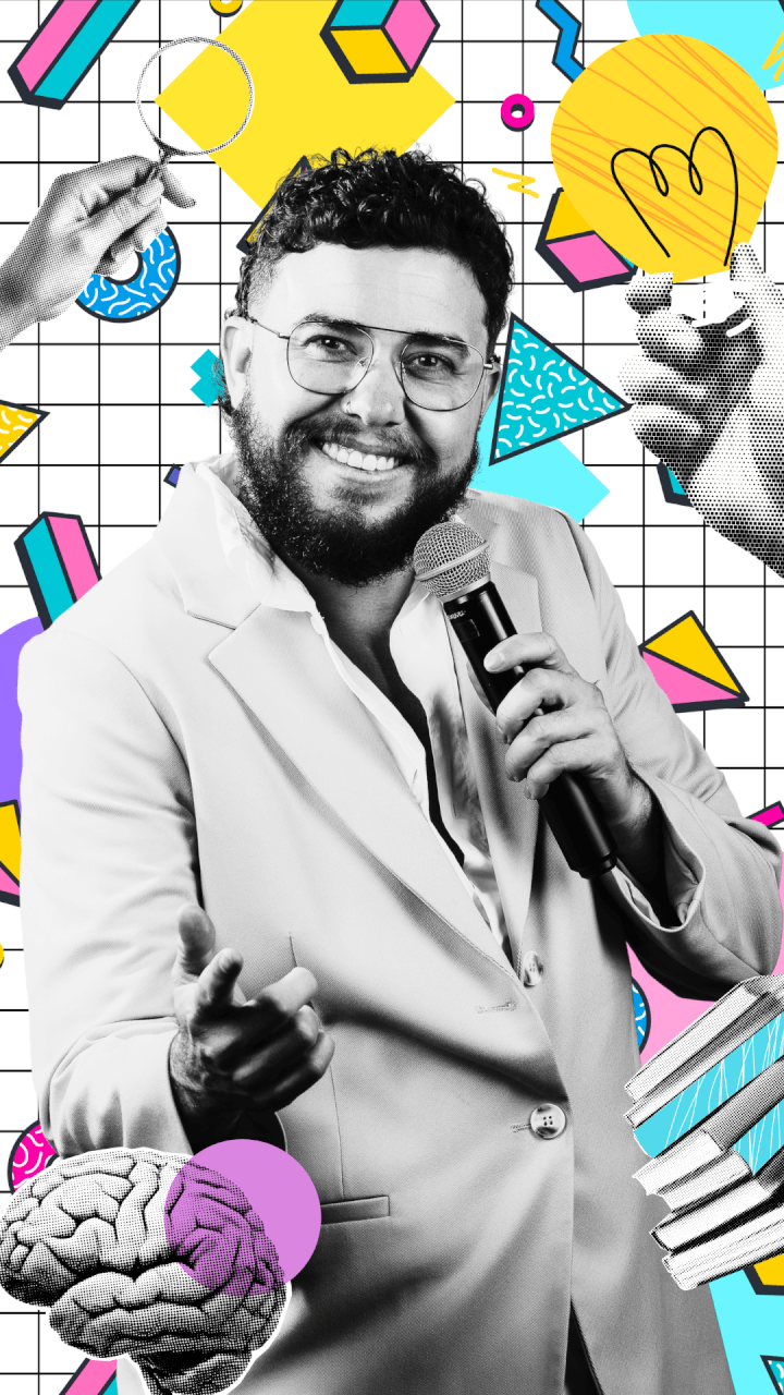 A smiling man in a light suit holds a microphone, pointing forward. The background is a vibrant, retro pattern with geometric shapes, hands holding objects like a lightbulb, and a brain illustration.