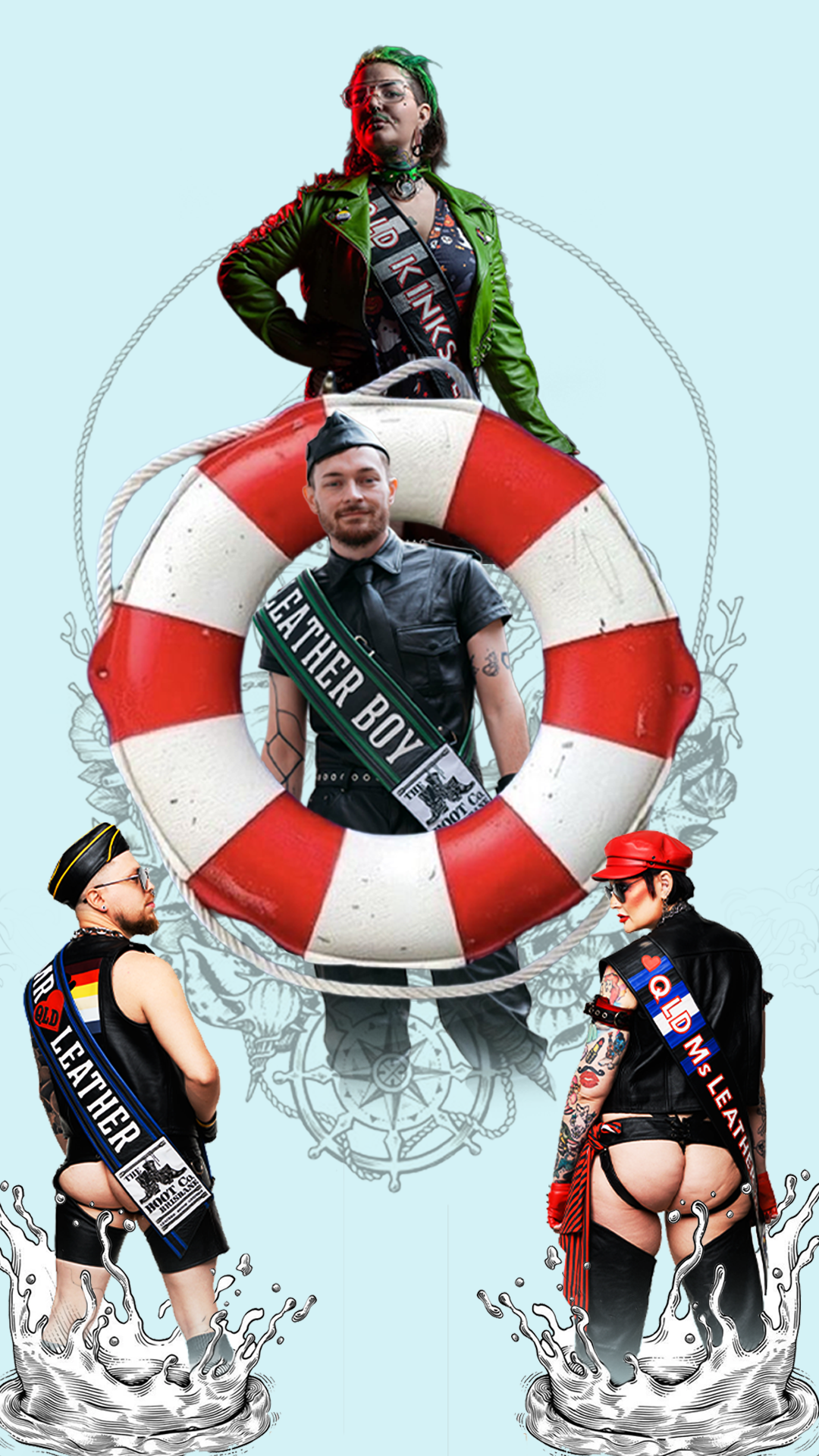 Four people in leather pride gear pose around and inside a life preserver ring, with water splashes and nautical designs in the background. Two wear sashes reading Old Man Leather..