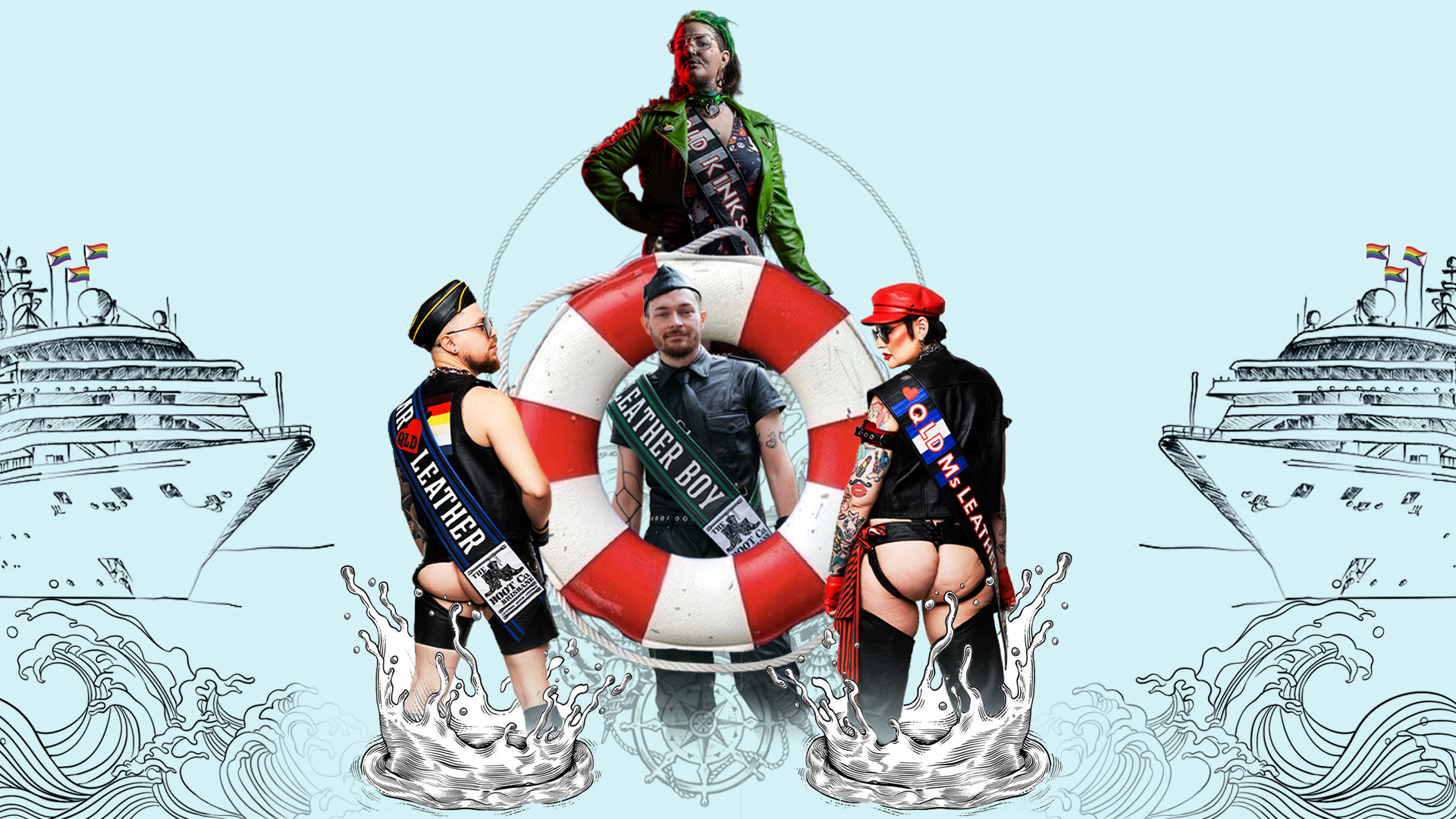 Three people in leather attire pose with sashes around a red and white lifebuoy, flanked by illustrated cruise ships, waves, and pride flags on a light blue background.