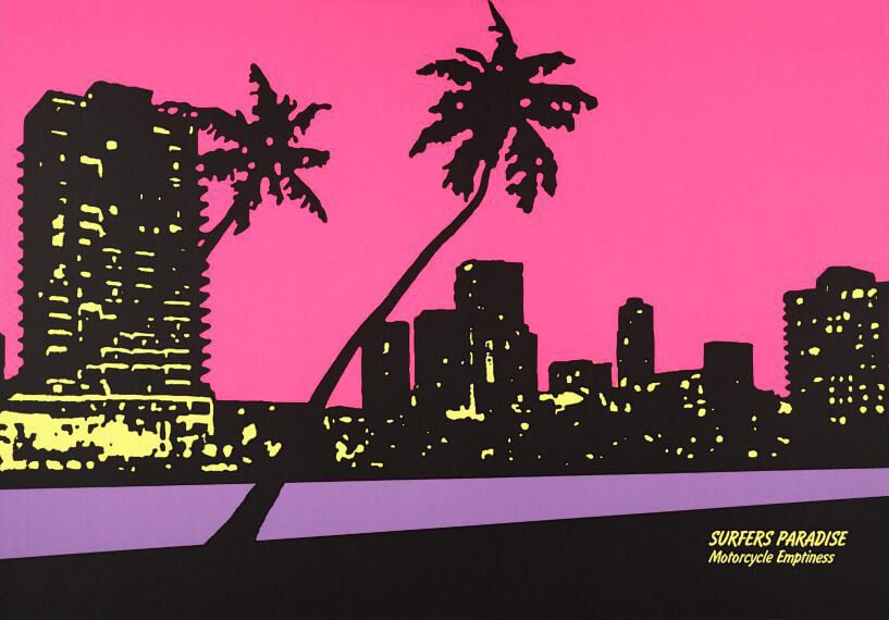 Silhouetted palm trees and city buildings against a bright pink sky, with the text SURFERS PARADISE Motorcycle Emptiness in yellow in the lower right corner.
