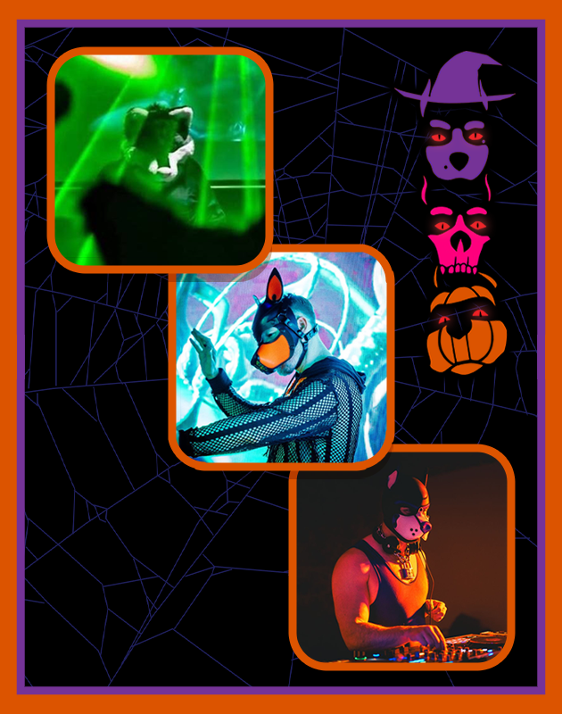 Three people in dog masks and harnesses perform under colorful lights, framed by a Halloween-themed border with spiderwebs, pumpkins, and skulls.