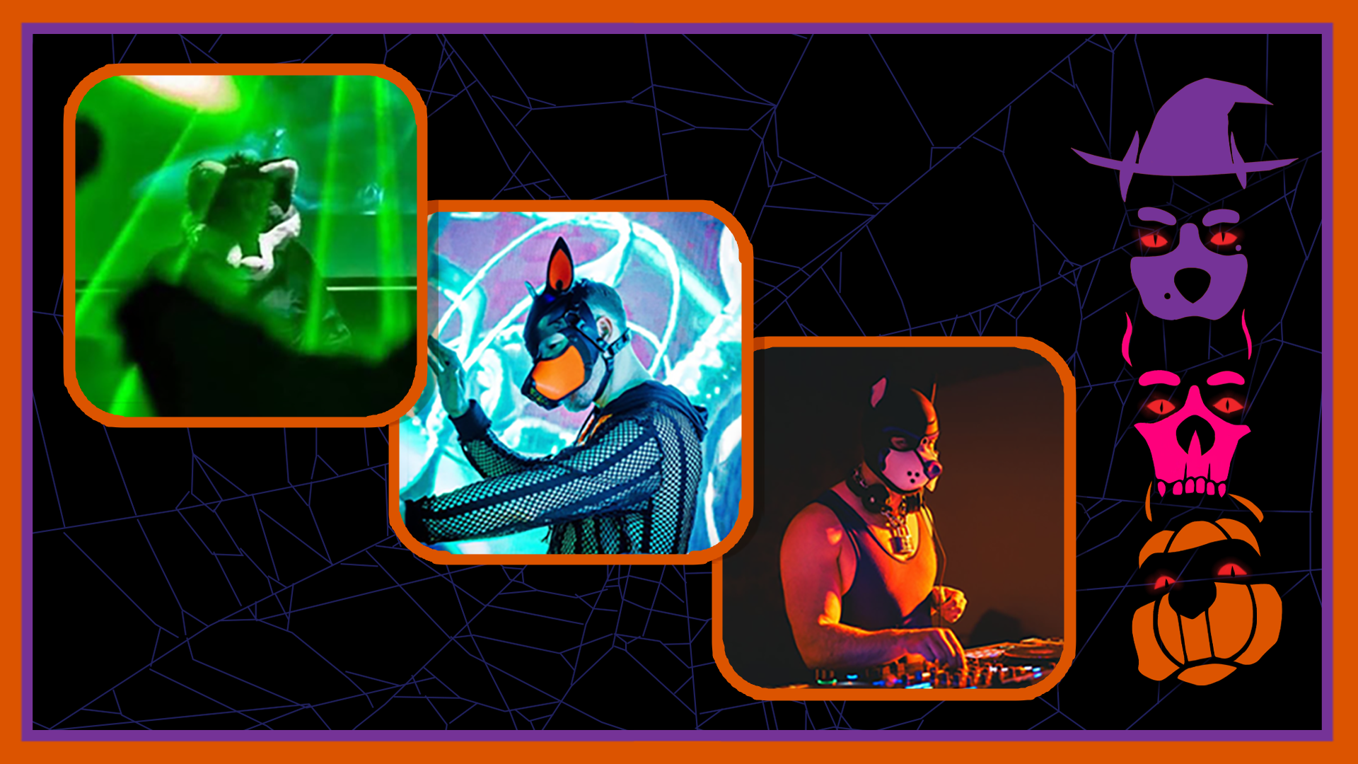Three photos of people in dog masks at a dance event are arranged on a web-patterned background, with cartoon faces of a witch, skull, werewolf, and pumpkin on the right side.