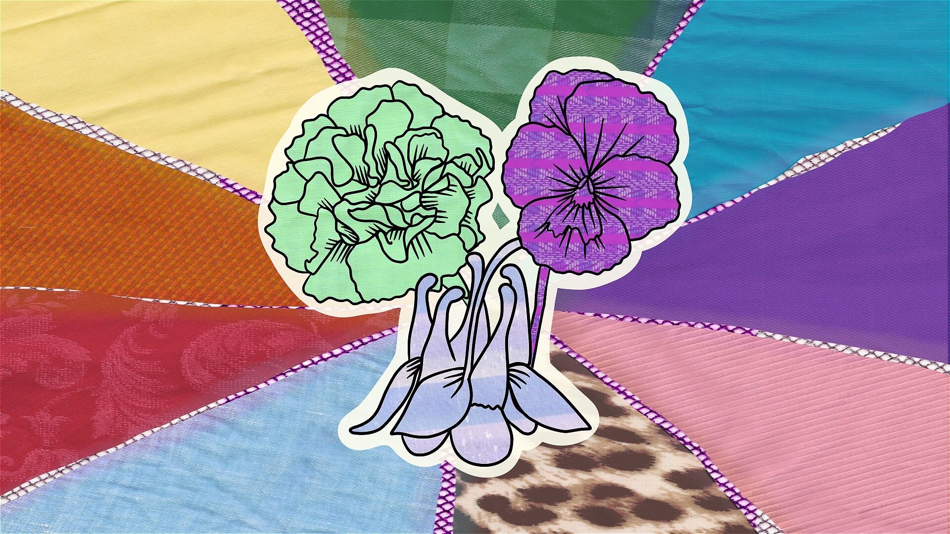 Colorful patchwork background with sections of different fabrics, featuring a central sticker-like illustration of two flowers—one green, one purple—with blue petals below them.