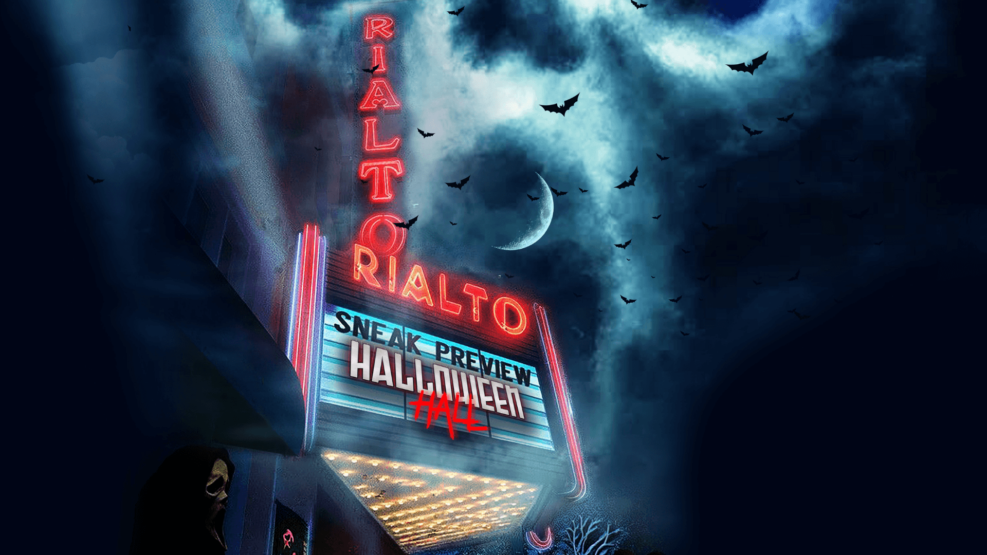A neon-lit Rialto theater at night advertises a Sneak Preview: Halloween as bats fly across a cloudy, moonlit sky. A shadowy figure is partially visible near the entrance.