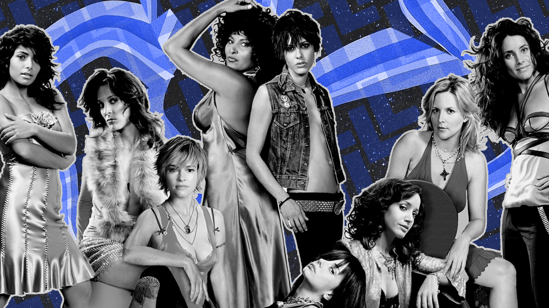 Eight women in stylish outfits pose confidently against a graphic blue and black abstract background. Their expressions and outfits suggest individuality and attitude.
