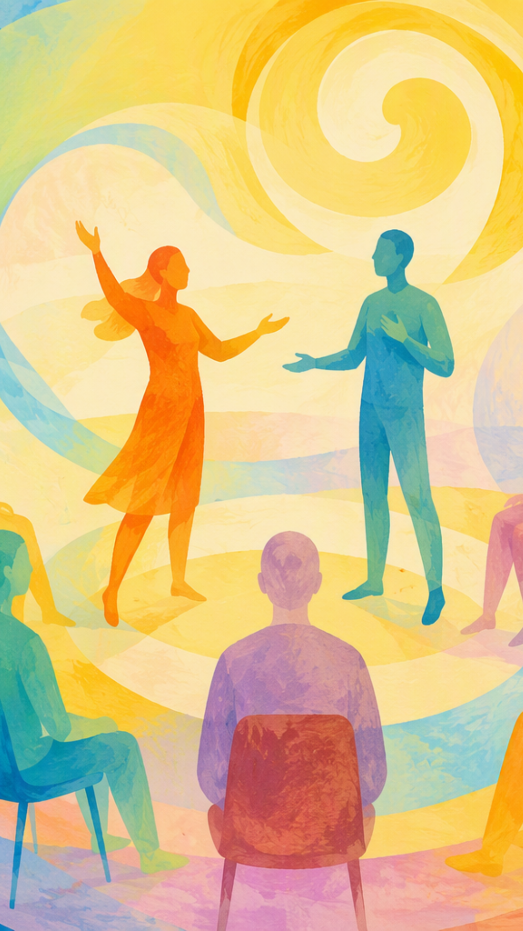 Colorful illustration of people sitting in a circle, two standing and talking animatedly at the center, surrounded by swirling yellow and blue abstract patterns, suggesting a lively group discussion or meeting.