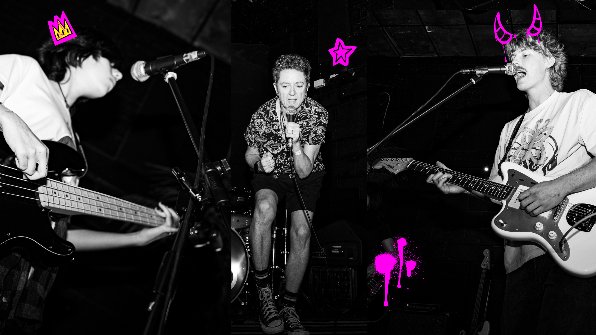 Three musicians perform energetically on stage. The photo is black and white with pink doodles: a crown, star, paint splatters, and devil horns are added to the band members and instruments.