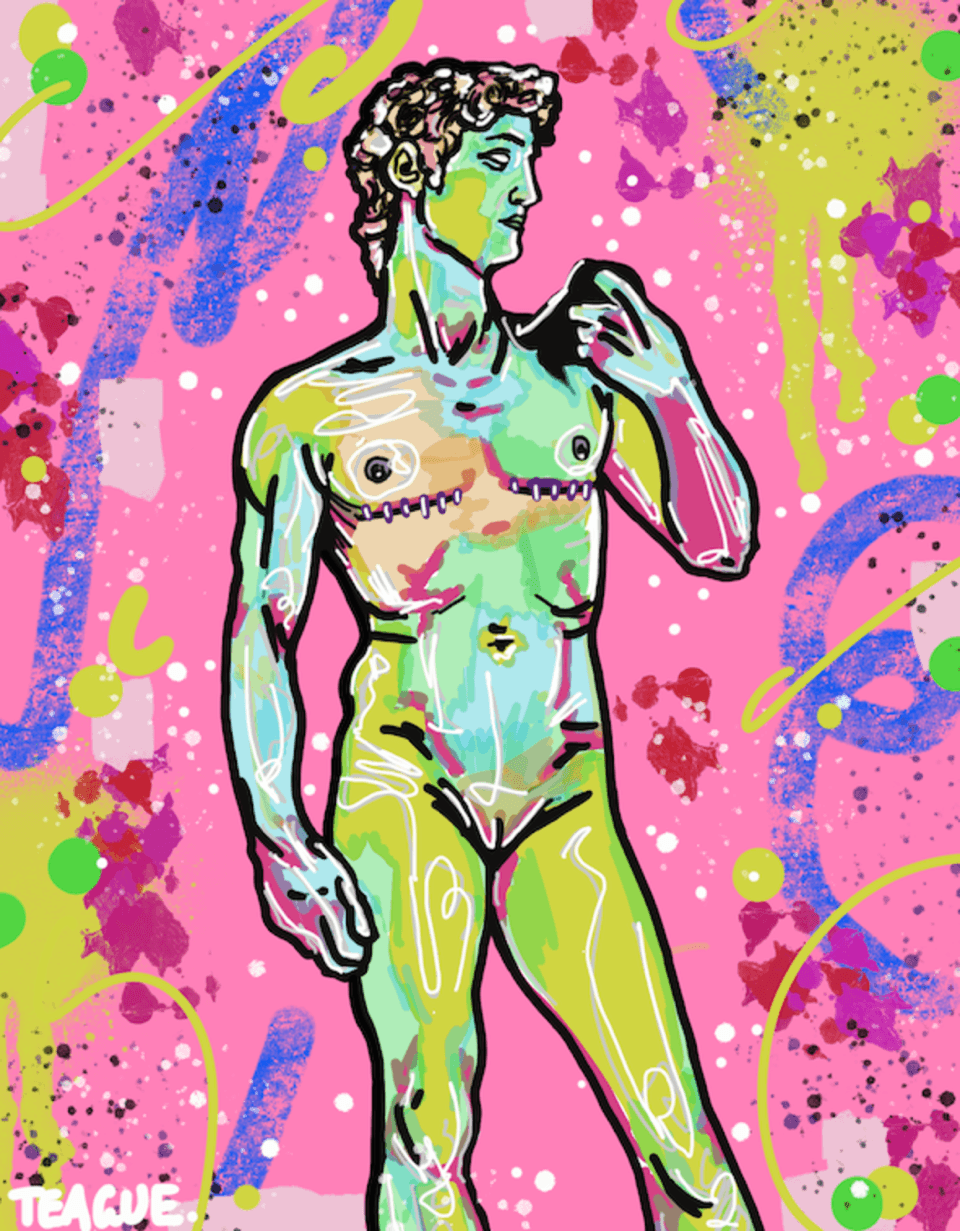 A colorful, stylized illustration of Michelangelos David statue stands against a vibrant pink background filled with abstract paint splatters and doodles. The figure is outlined in black and painted in neon greens, blues, and pinks.