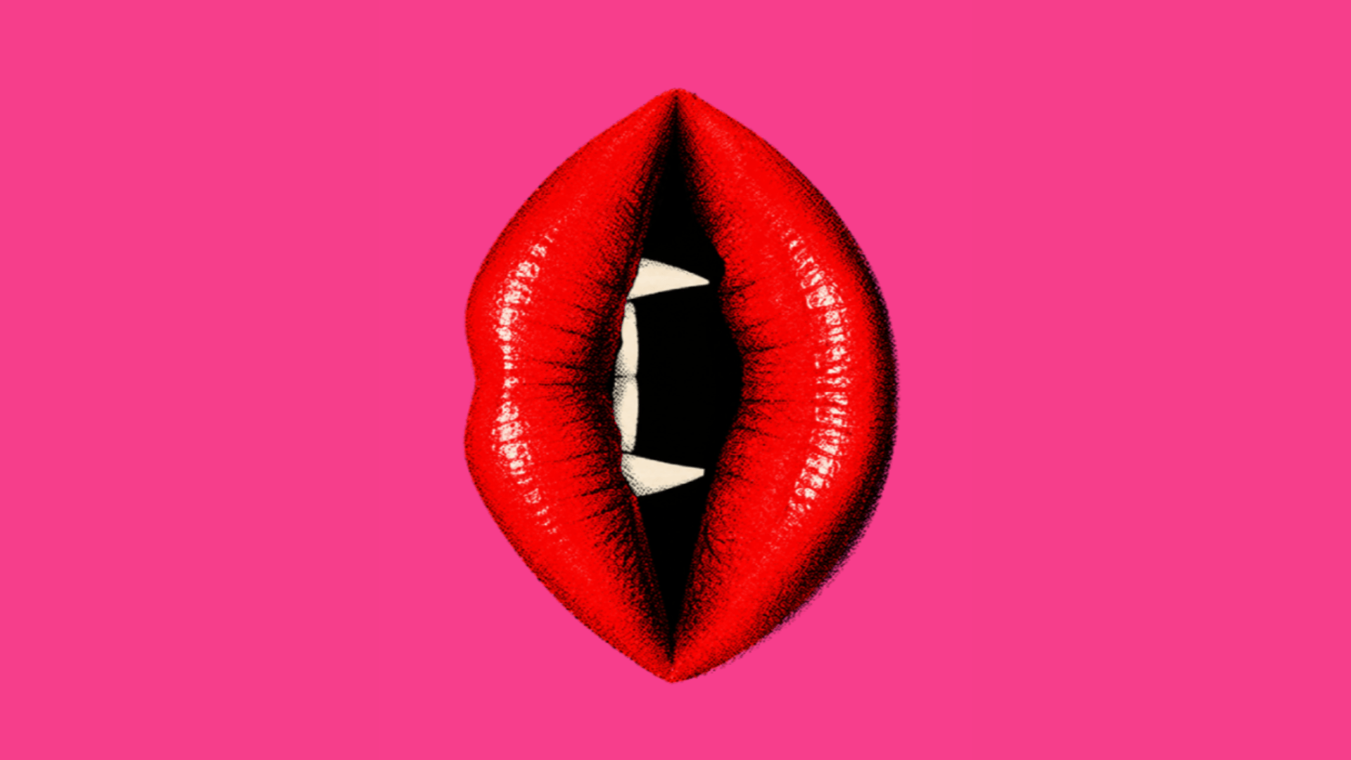 A pair of glossy red lips with sharp white vampire fangs in the center, set against a solid pink background.