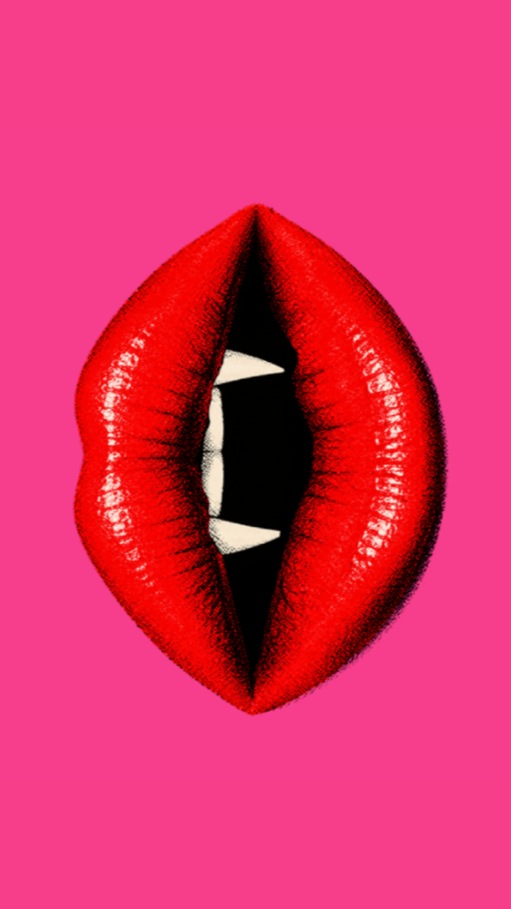 Red lips with sharp vampire fangs in the center, set against a bright pink background.