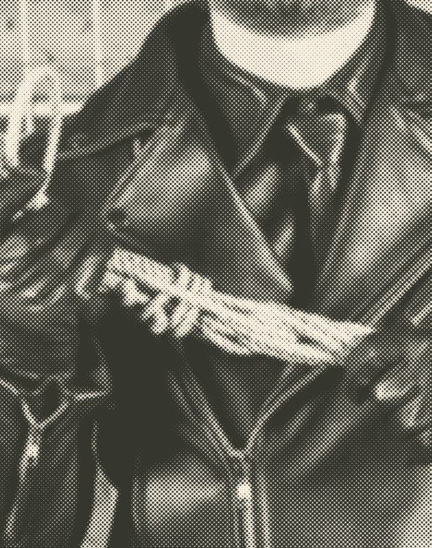A person wearing a shiny leather jacket and a tie is shown in a high-contrast, halftone style image. Their face is partially visible, and they are holding something made of twisted wire.