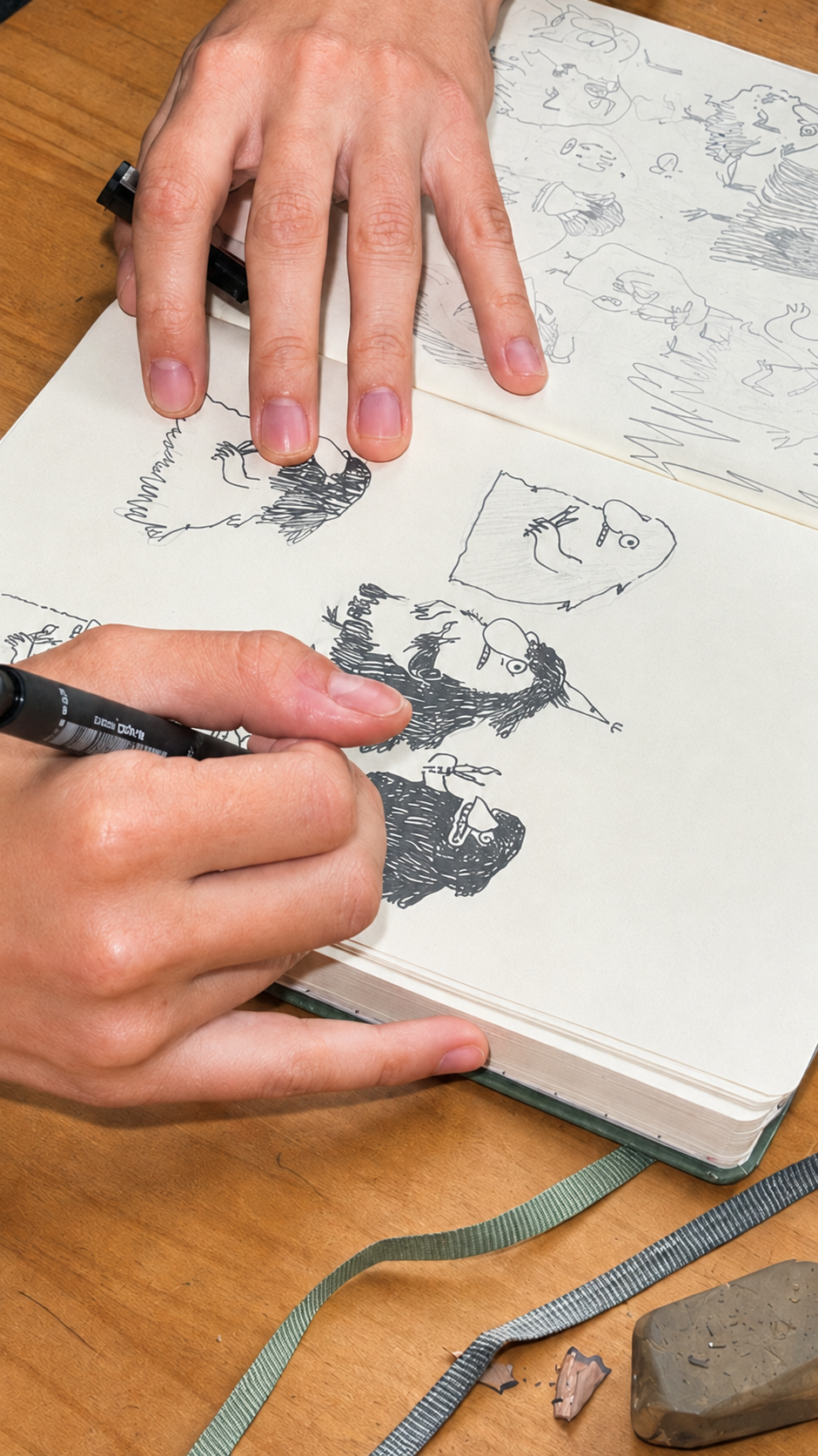 A person sketches cartoon faces with a black pen in a notebook. Their other hand holds the notebook steady. An eraser and pencil sharpener are nearby on a wooden surface.