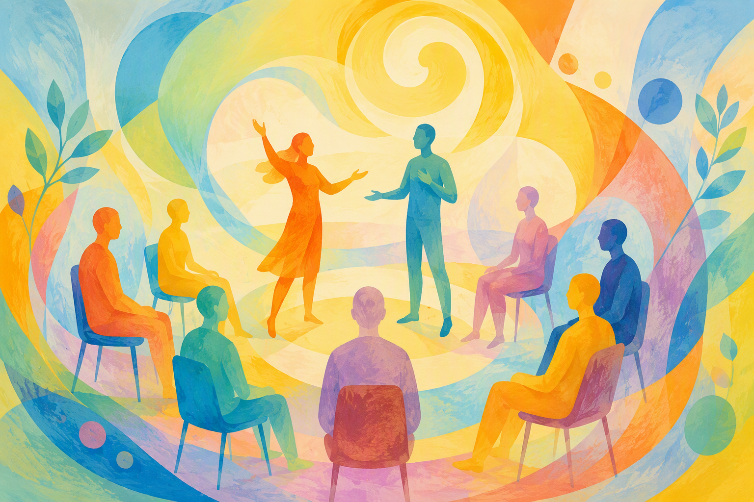 Colorful abstract illustration of people sitting in a circle, with two standing and gesturing in the center, evoking a sense of communication, support, and community in a vibrant, swirling environment.