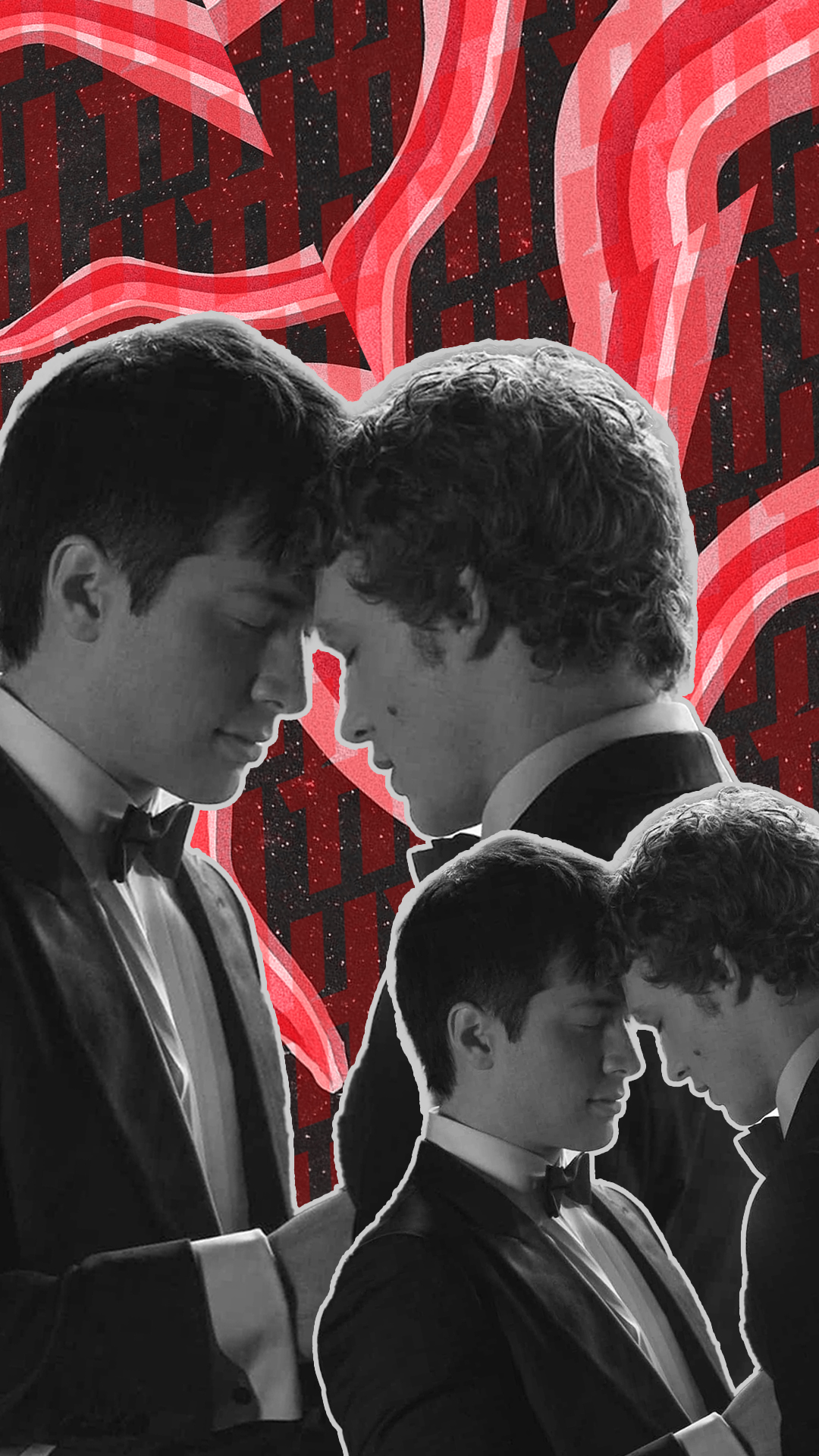 Two young men in tuxedos lean their foreheads together in an intimate moment, with a collage of red and black abstract shapes in the background.