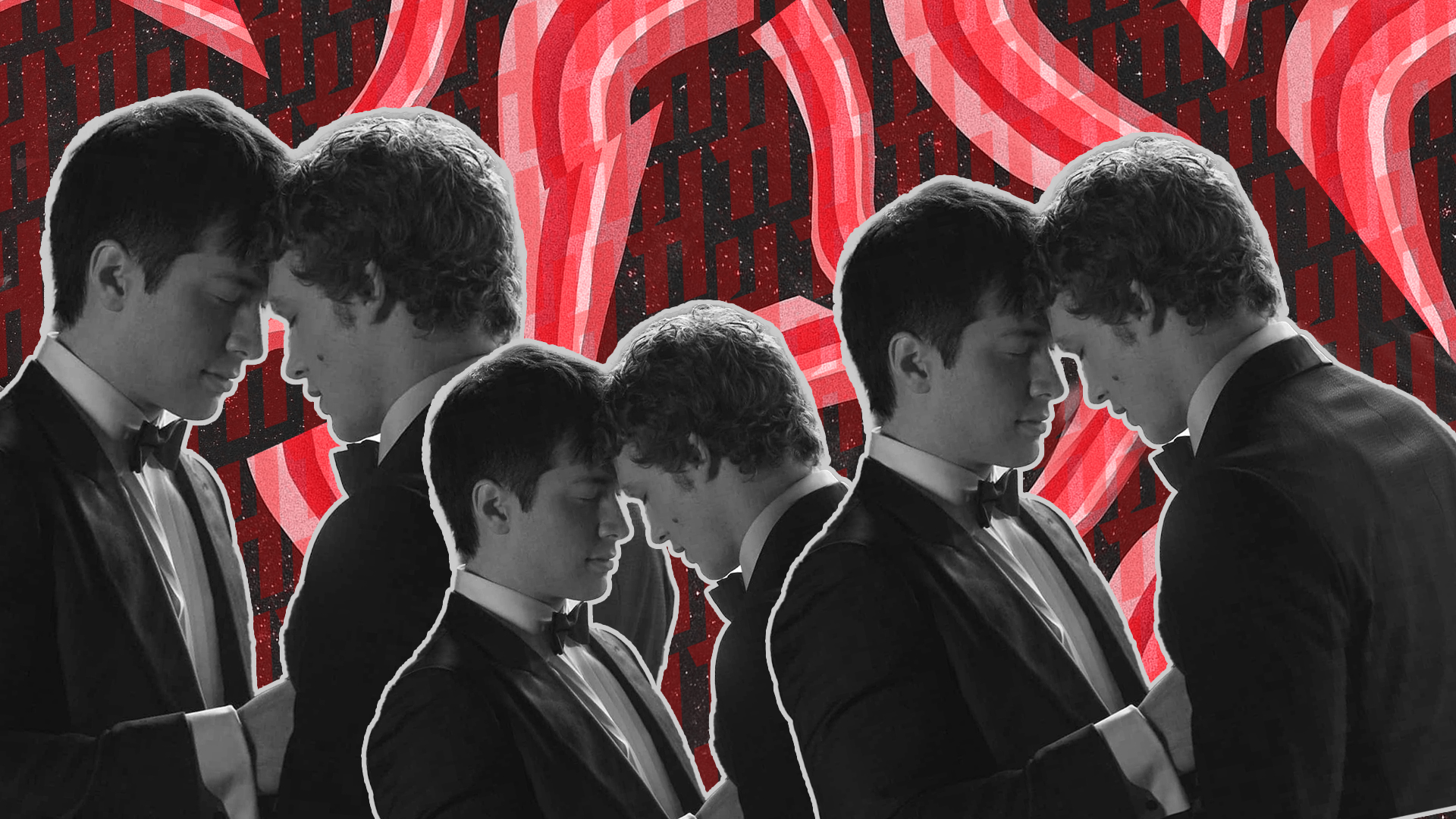 Three pairs of men in tuxedos stand close together, foreheads touching tenderly, against a bold red and black abstract background.