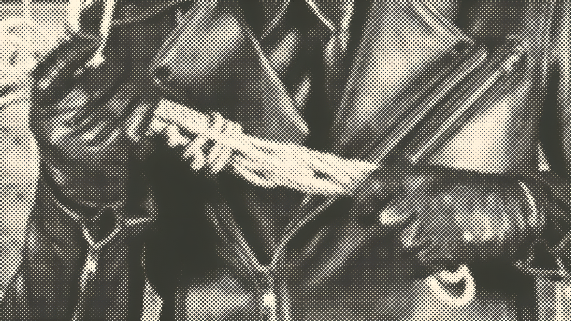 A person in a leather jacket and gloves holds a coiled rope in their hands. The image has a black-and-white, halftone effect.