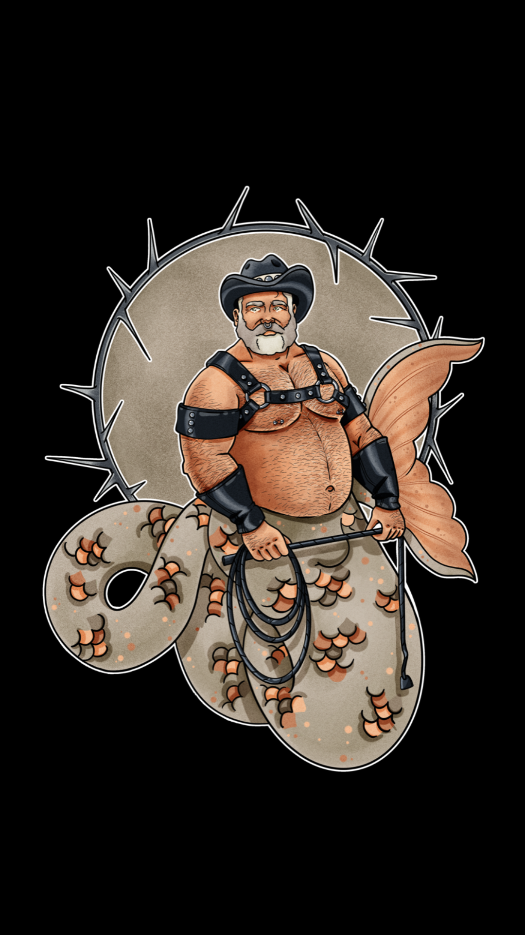 A merman with a cowboy hat, mustache, and leather harness stands confidently, holding a whip. His fish tail is orange with dark scales. A stylized, spiky circle is in the background. Black background.