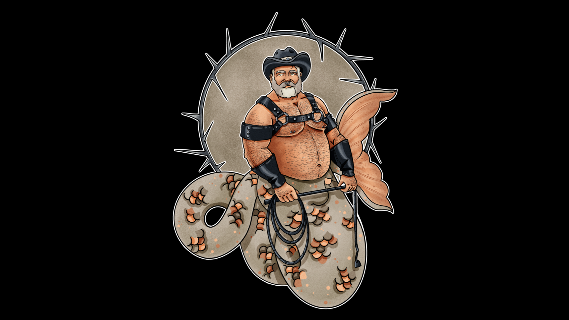 A bearded merman wearing a cowboy hat, leather harness, and armbands, holding a whip, with a brown mermaid tail and a spiked circular background.