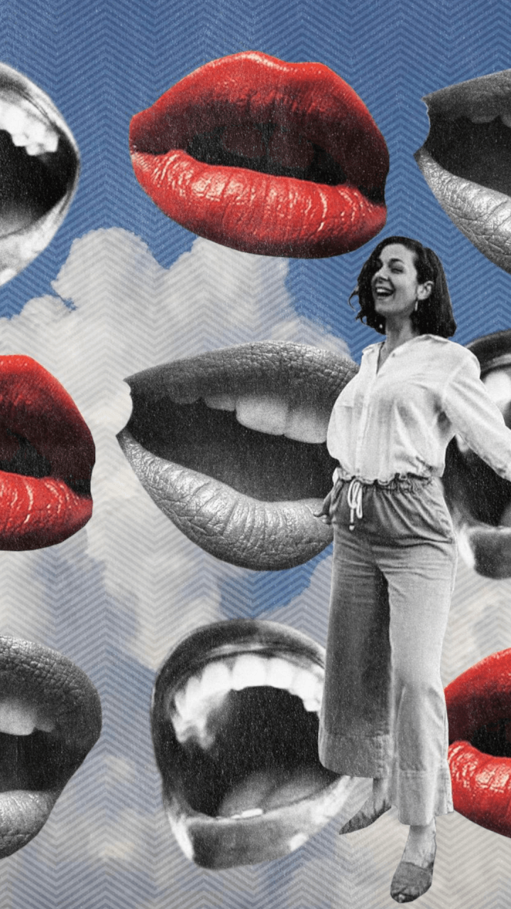 A black and white woman stands smiling among floating red and gray lips against a blue sky with clouds in a surreal collage style.