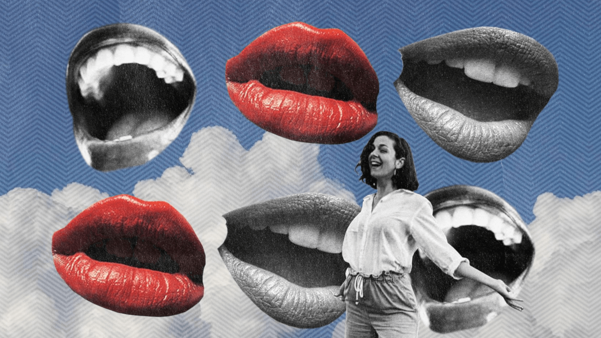 A woman stands smiling in front of clouds with large, floating lips—some red, some gray—surrounding her against a blue sky background.