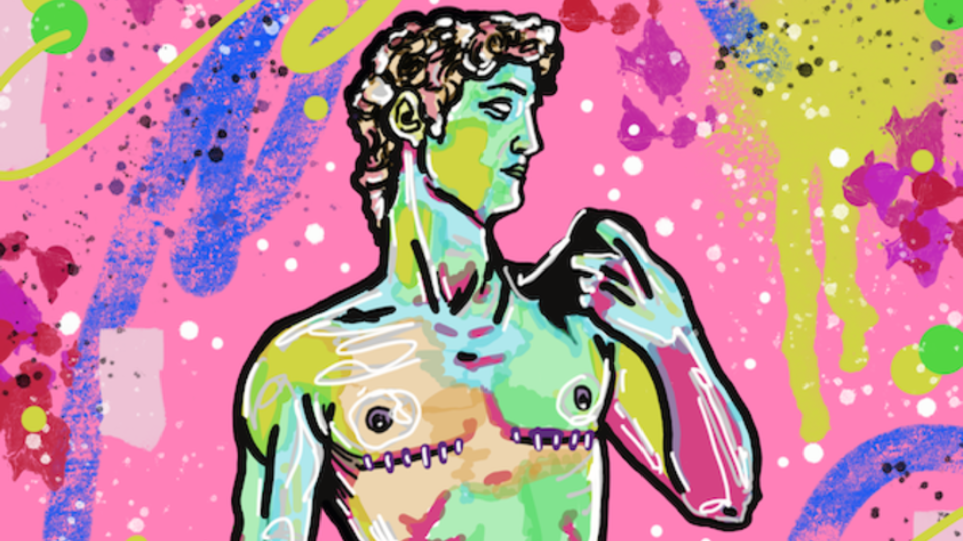 A colorful, abstract illustration of a classical male statue set against a vibrant pink, splattered-paint background with bright blue, green, and yellow accents.
