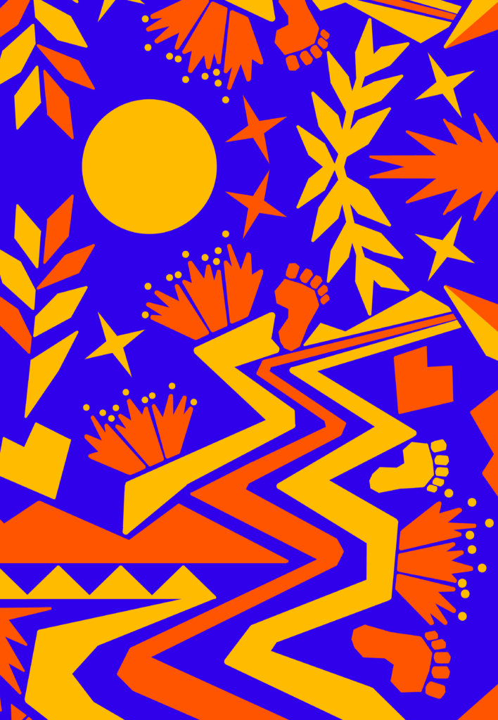 Bold, abstract design with yellow and orange zigzag lines, sun, stars, leaves, and footprints on a vibrant blue background. The composition is geometric and energetic.